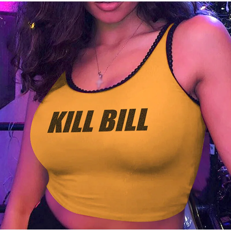 Кружевные желтые женские майки с принтом букв Kill Bill,, летние короткие сексуальные топы в стиле хип-хоп, Клубные женские майки без рукавов, женская одежда