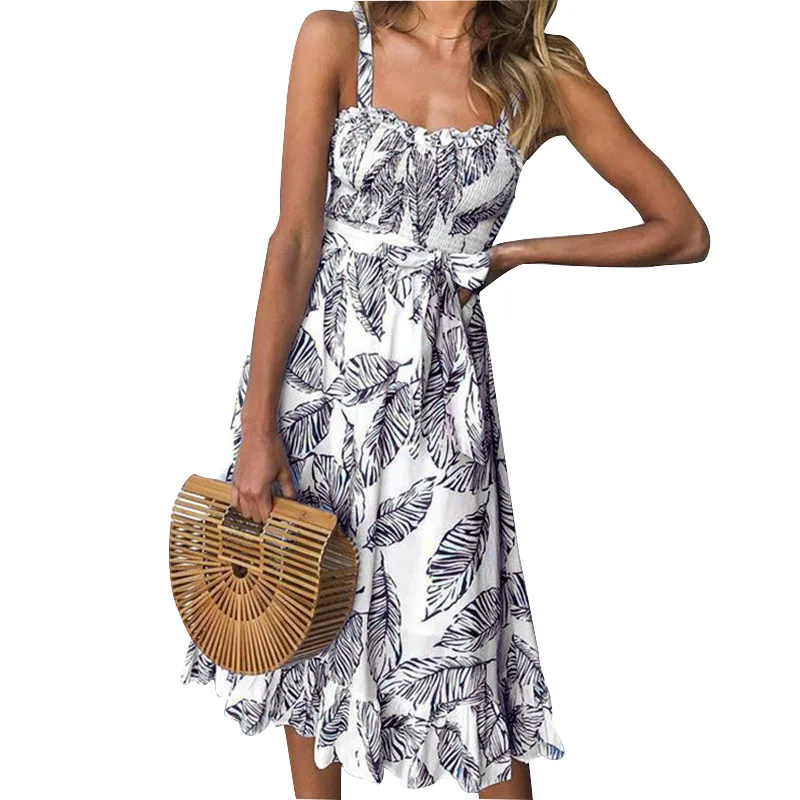 

2019 Summer Women Fsahion Printed Leaves Boho Dress Sashes Ruffles Knee Length Sleeveless Spaghetti Strap Party Cute Femme M0592