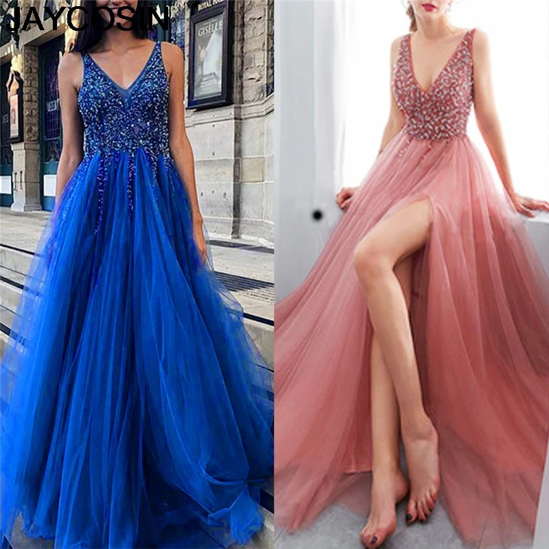 

JAYCOSIN Summer Women Dress Sleeveless V-neck Floor Length Sequined Lace Dress Irregular Evening Formal Dresses Vestido jy16