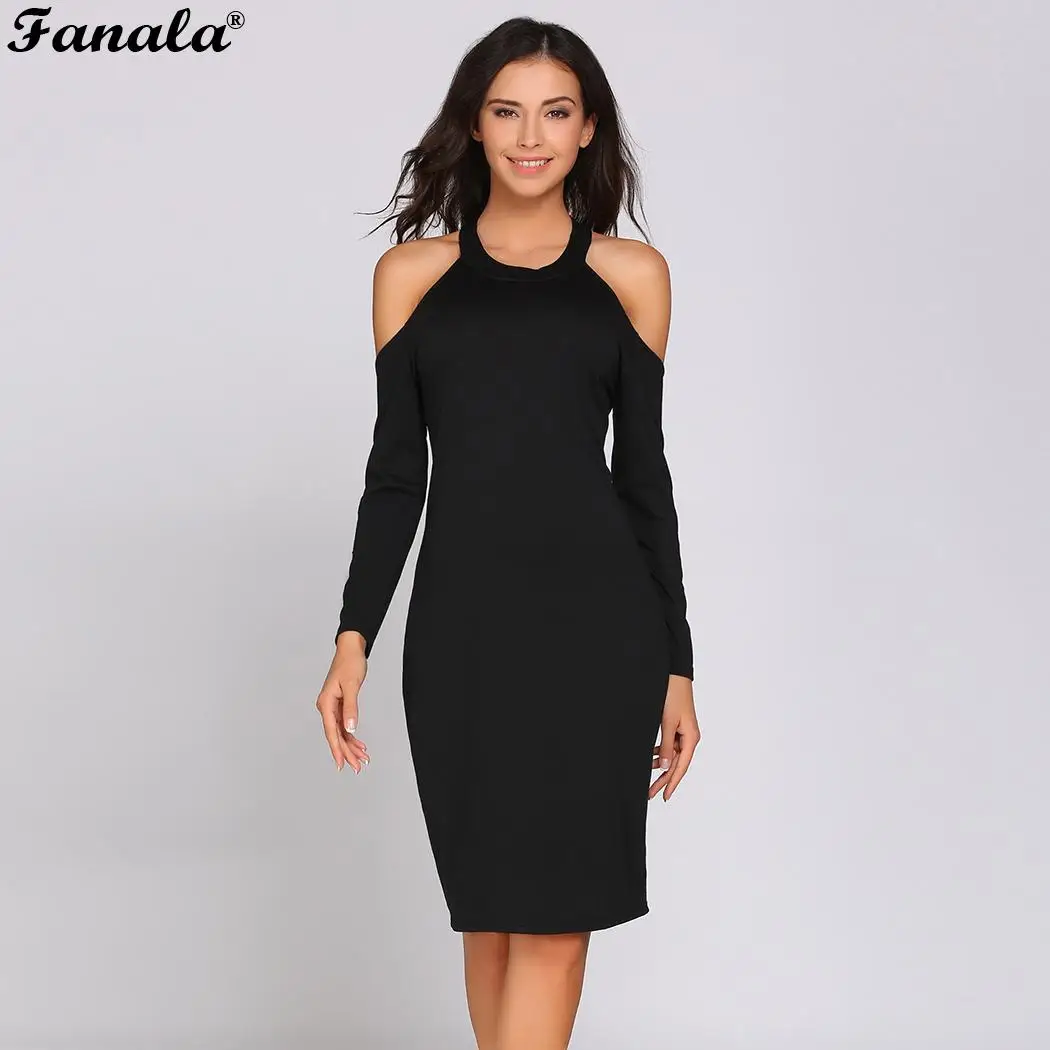 Halter Collar Backless Long Sleeve Cold Shoulder Dressin Dresses from