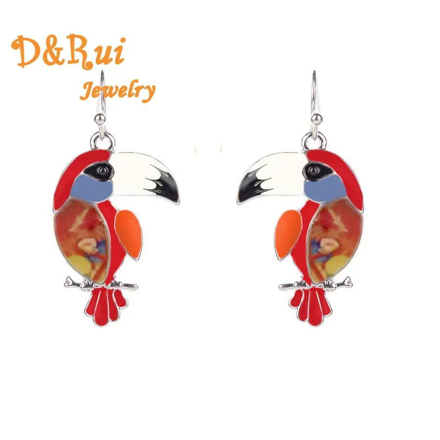 

D&Rui Jewelry Cute Earrings for Women 2019 New Handmade Enamel Alloy Parrot Dangle Earings Red Statement Drop Earring Female Hot