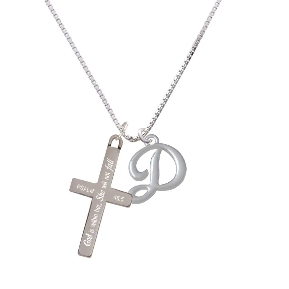Small Gelato Script Initial - D - - She will not Fall - Cross Necklace