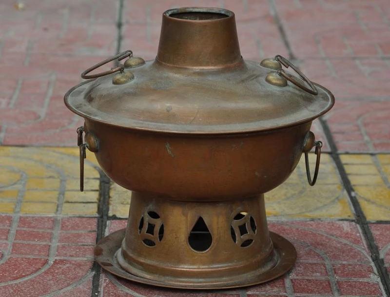

9"Antiques Old Chinese pure Bronze Ancient Carbon -heating Fondue Hot pot Boiler