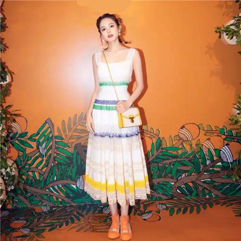 

New Collection Women's Lace Dresses Maxi Long Colorful Striped Patchwork 2019 Summer Sexy Strap Party Dress High Quality Vestido
