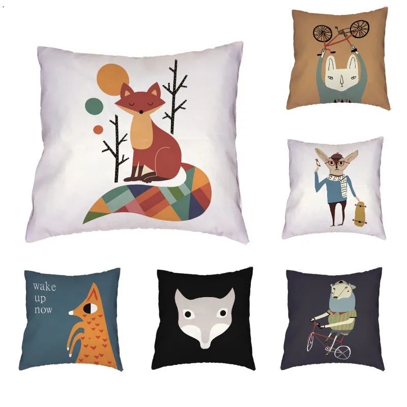 Colorful Fox Pattern Cushion Cover Polyester Peach Skin Cute Animal Personality Rhino Alphabet Cartoon Style Pillow Decoration | Дом и сад