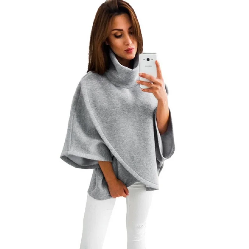 

2019 Spring Turtleneck Flare Sleeve Women Sweatshirts Hoodies Casual Vintage Solid Color Pullovers Irregular Loose Hoodies 17514