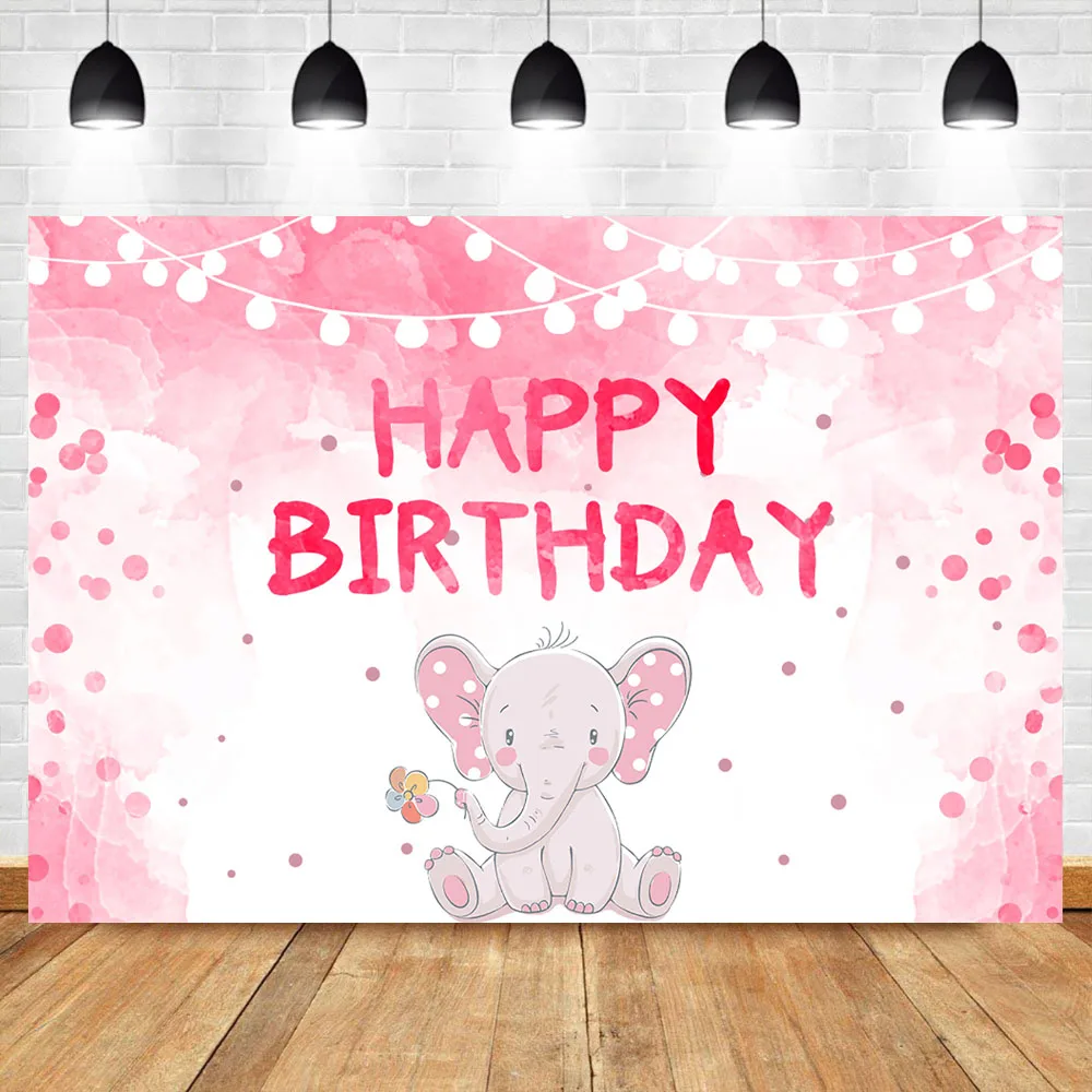 

NeoBack Cute Elephant Happy Birthday Party Photography Background Girl Pink Dot Bokeh Custom Photography Backdrops Studio Shoots