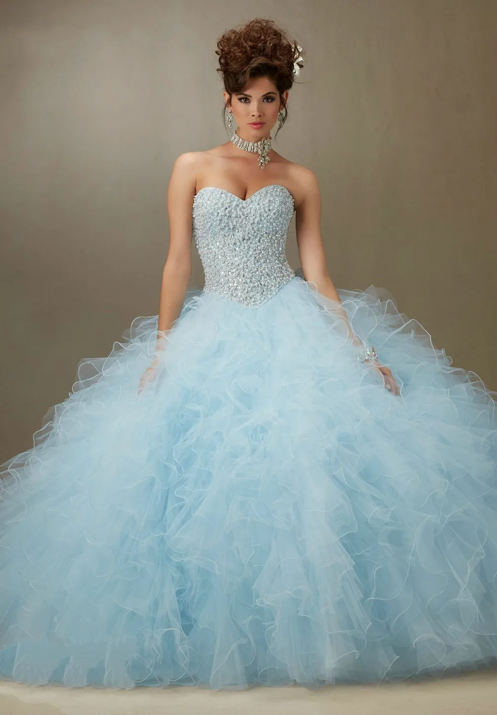 Elegant Light Sky Blue Ball Gown Quinceanera Dresses Full Beading