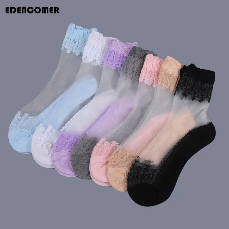 

5 Pairs/lot Women Jacquard Ankle Socks Lady Pure Silk Lace Water Plants Short Sock Female Cheap Women's Transparent Crystal Sock