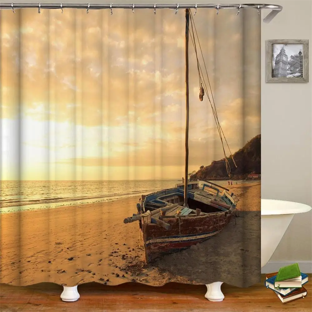 Summer Beach Blue Wood Boat Shower Curtain Waterproof Fabric Bathroom Set Hooks