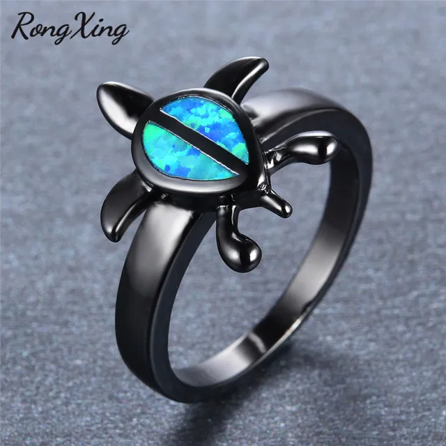 Rongxing Stylish Animal Jewelry Blue Fire Opal Turtle Rings For Rongxing Stylish Animal Jewelry Blue Fire Opal Turtle Rings For Women Black Gold Filled October Birthstone