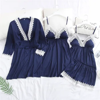 

M-XL Flower Trim Lady 4 Pieces Sleep Set Spring New Nightwear Pajama Suit Rayon Cami+Shorts+Nighty+Robe Home Wear Sexy Pijamas