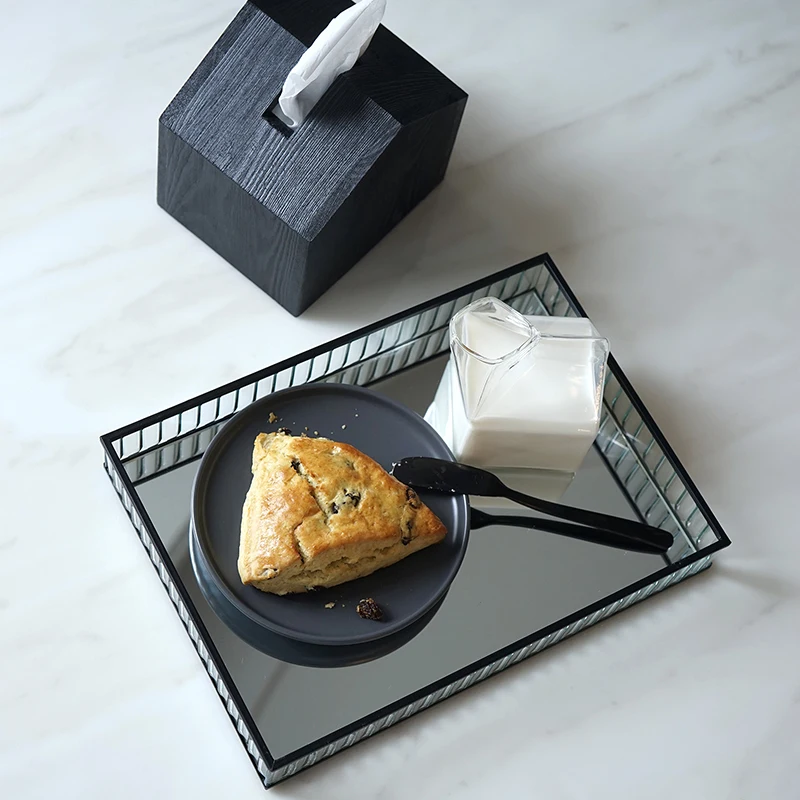  SWEETGO Glass Mirror tray gold/sliver/black metal edge Red Wine plate decorating storage tray cake 