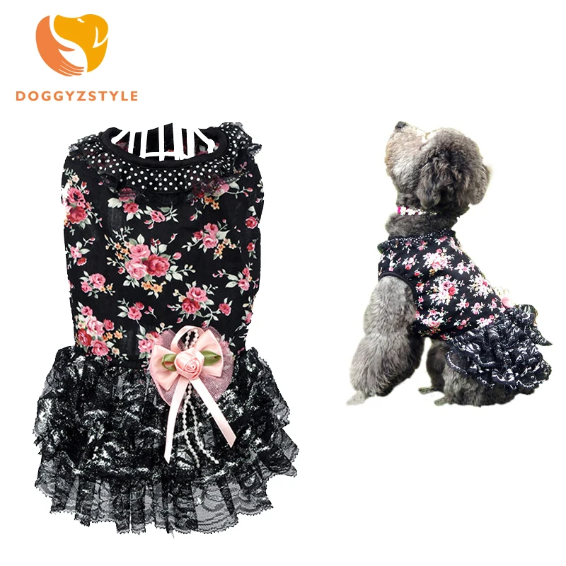 

DOGGYZSTYLE Black Lace Dog Dress Spring Floral Cotton Pet Dogs Clothes Puppy Cat Vest For Teddy Chihuahua Pet Apparel