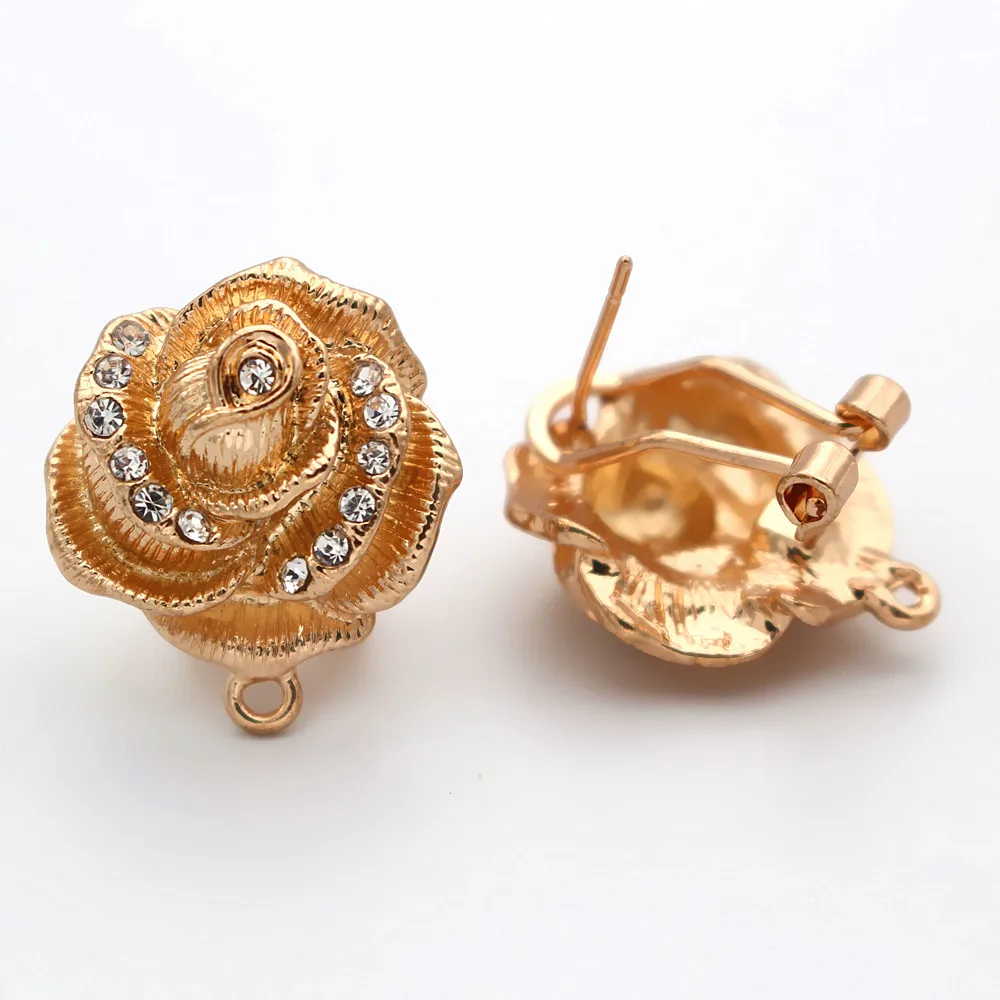 

African Earrings Post with Loop Connectors Paved CZ Solid Rose Flower Ethnic Dubai Chile Women Wedding Earrings Findings Jewelry