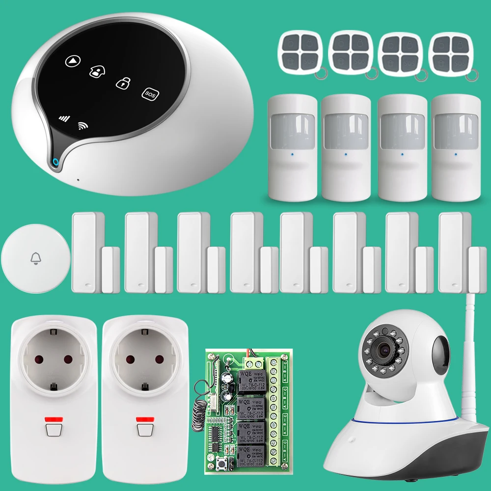 

Etiger WIFI GSM Home Alarm System CCTV IP Camera Monitoring Smart Socket Door Sensor Triggered Touched Emit Sounds