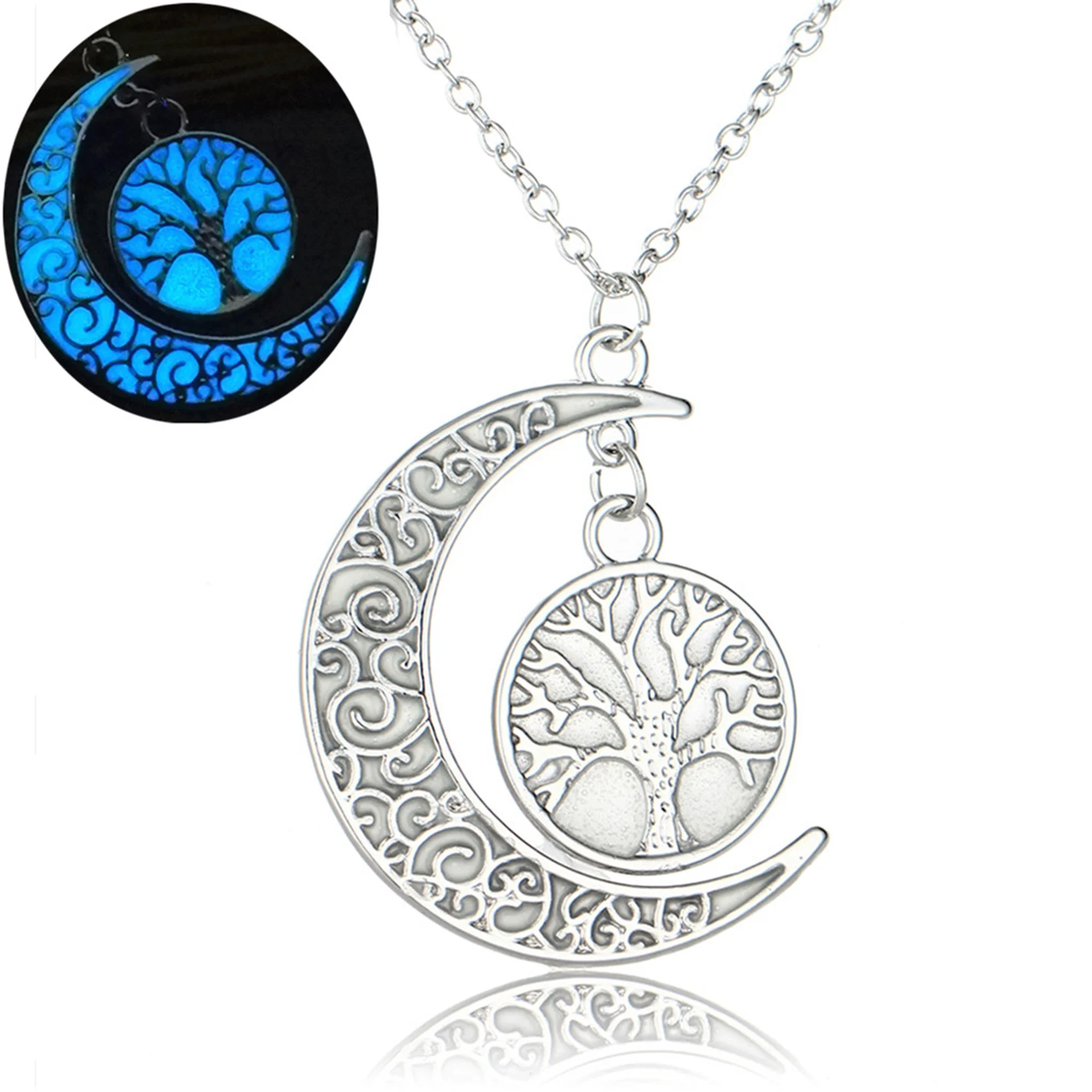 

Luxury Brand Jewelry Silver Color with Tree of Life Pattern Crescent Noctilucous Glow In the dark Necklace for Unisex Gift