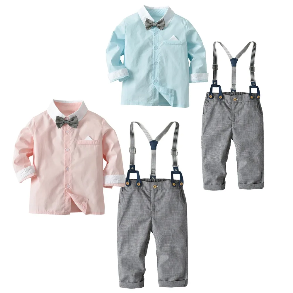 

100% Brand Boys Clothes Children Clothing Gentleman light blue/Pink Top+Plaid Overalls Fashion Boy Bow Tie Shirts Straps Sets