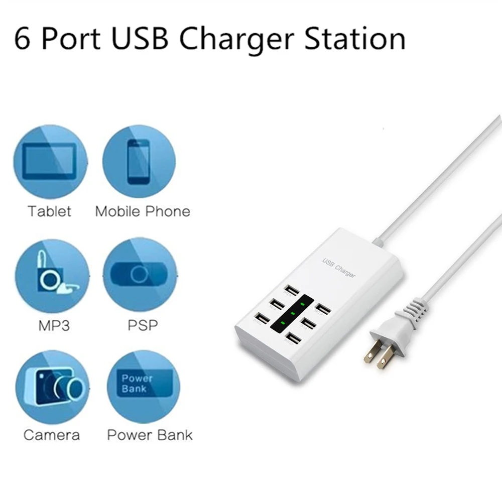 

Universal 6 Ports USB Power Adapter US EU Plug Desktop Wall Charger 5V 6 interface 2 X 2.1A 2 X 1A 2 X 0.5A For iPhone Samsung