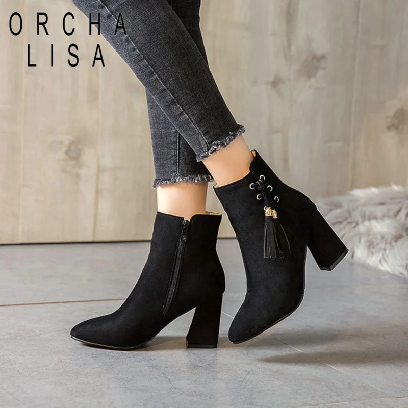 

ORCHA LISA Large Size 46 50 Woman Ankle boots Fringe tassel pointed toe thick heel chelsea bootie High Block Heel Shoes bottes