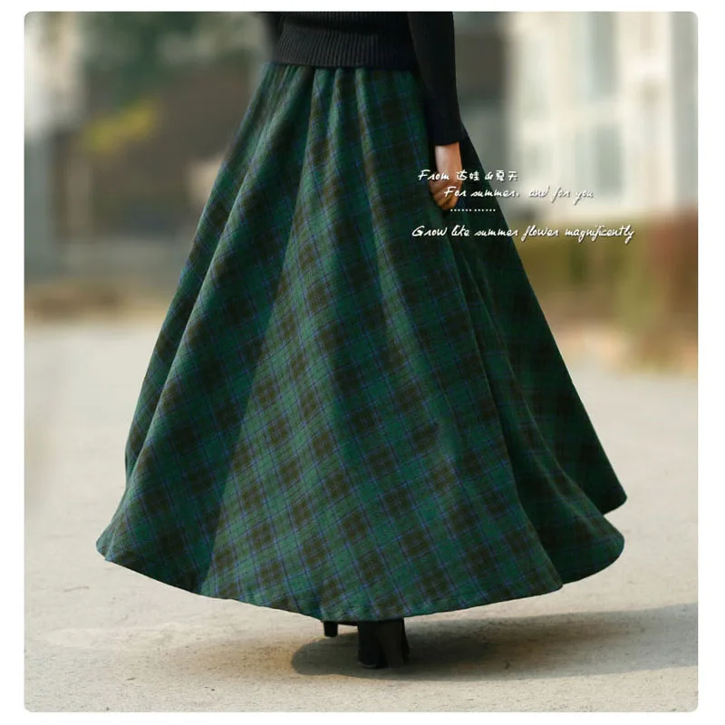 

2018 Winter Retro Vintage Women's Large Swing Woolen Green Plaid Lattice Grid Maxi Skirt for Womens Female A Line Skirts Womens