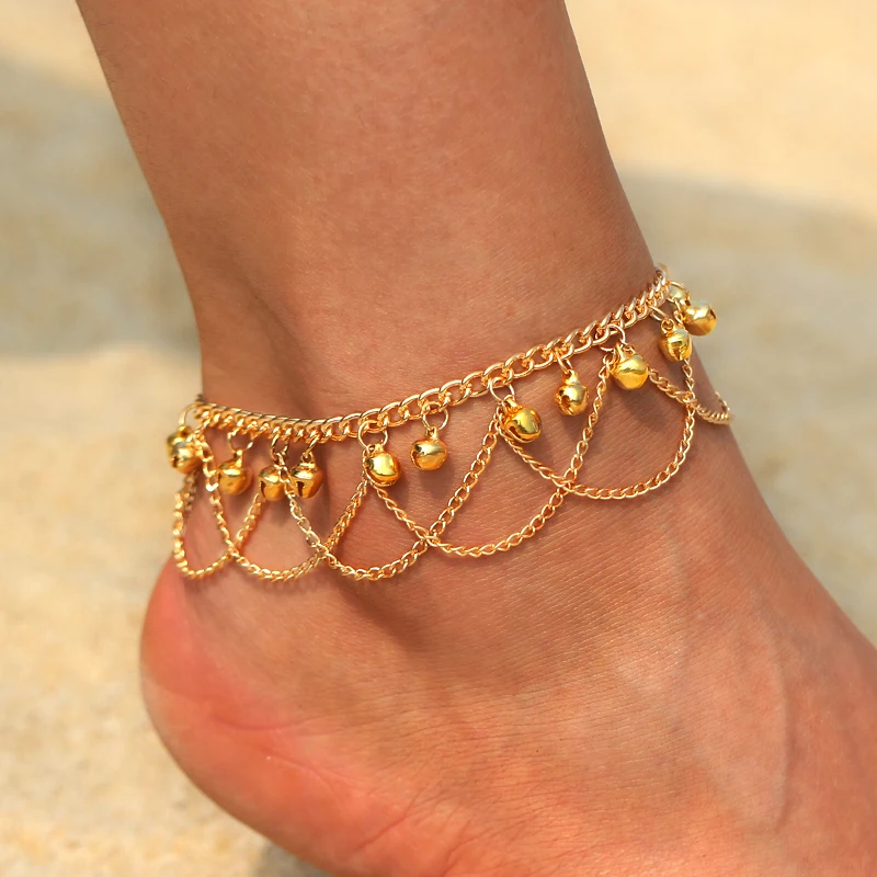 Набор женских ножных браслетов с кисточками и золотым колокольчиком, пляжные украшения для ног, винтажные массивные ножные браслеты в богемном стиле, вечерние летние ювелирные изделия