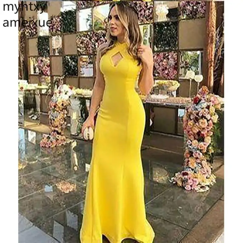 

Simple 2021 Cheap Evening Dress Mermaidsheath Halter Backless Yellow Long Prom Dresses Evening Gown Custom Made Vestido De Noite