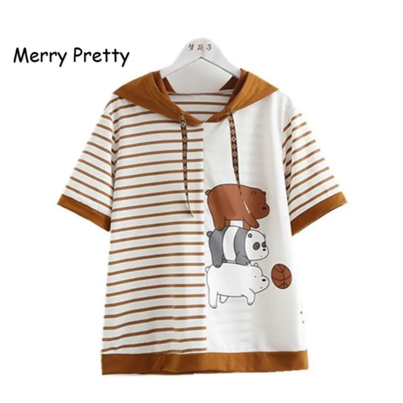 

Merry Pretty Summer t shirt Women Cute Peppy Style Kawaii Cartoon Bear Printed Hooded Short Sleeve Striped T shirt Casual Tops