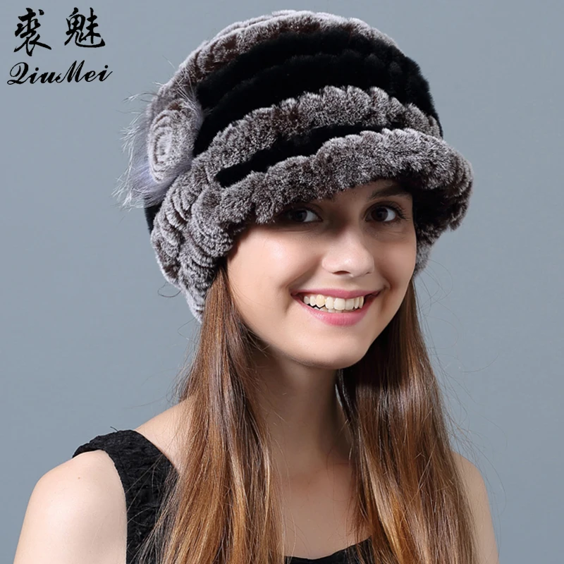 

Winter Hats Beanies Real Rex Rabbit Fur Flowers Striped Knitted Rabbit Fur Hat Caps Casual Natural Fur Women Hat Female Russian