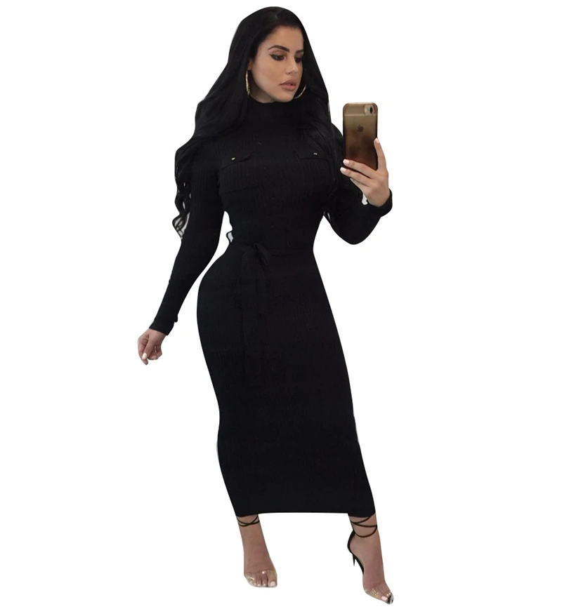 Женское трикотажное платье карандаш с высоким воротником и длинным рукавом|vestidos