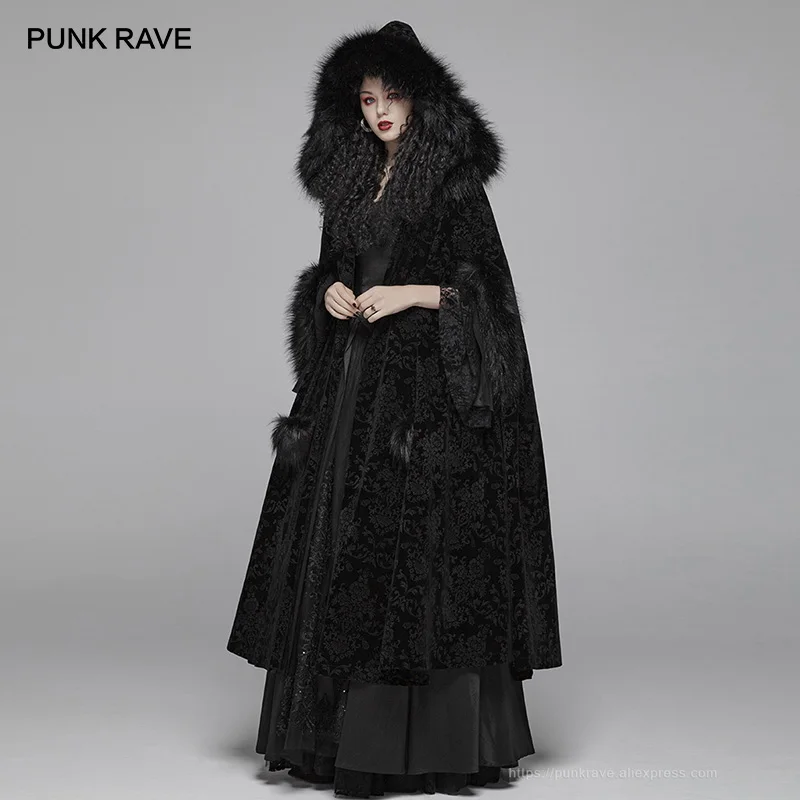 

PUNK RAVE Women's Gothic Gorgeous Winter Hooded Cloak Victorian Court Party Club Stage Performance Black Women Long Coat Cape