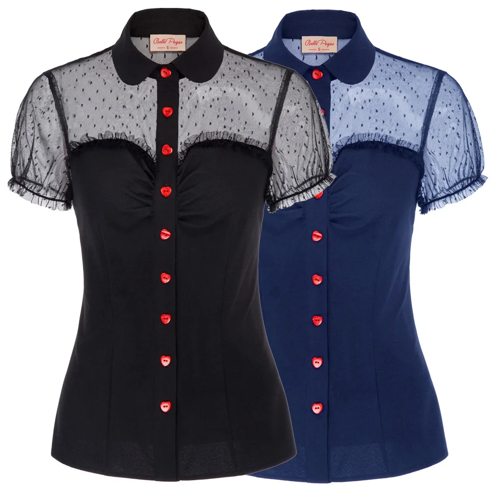  vintage Women shirt Short Sleeve Lapel Collar Red Buttons Mesh Fabric Patchwork blouse party elegan