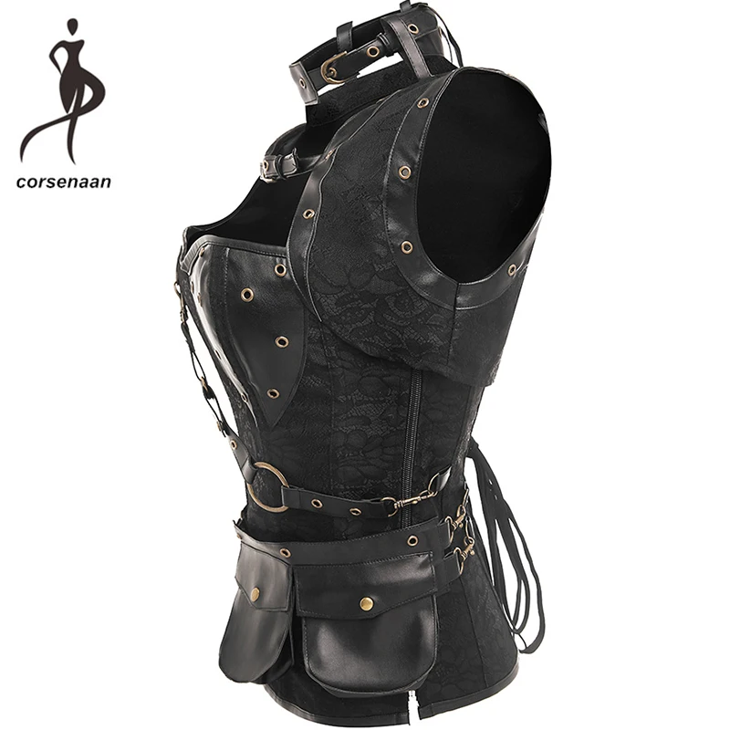 Skup Czarne damskie spiralne stalowe bez kości Goth Retro Overbust Steampunk gorset gorset z kurtką Plus rozmiar 926 #