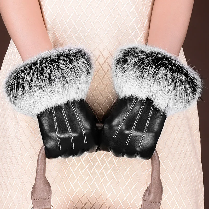 Genuine Leather Sheepskin Real Rabbit Fur Women Winter Drive Gloves