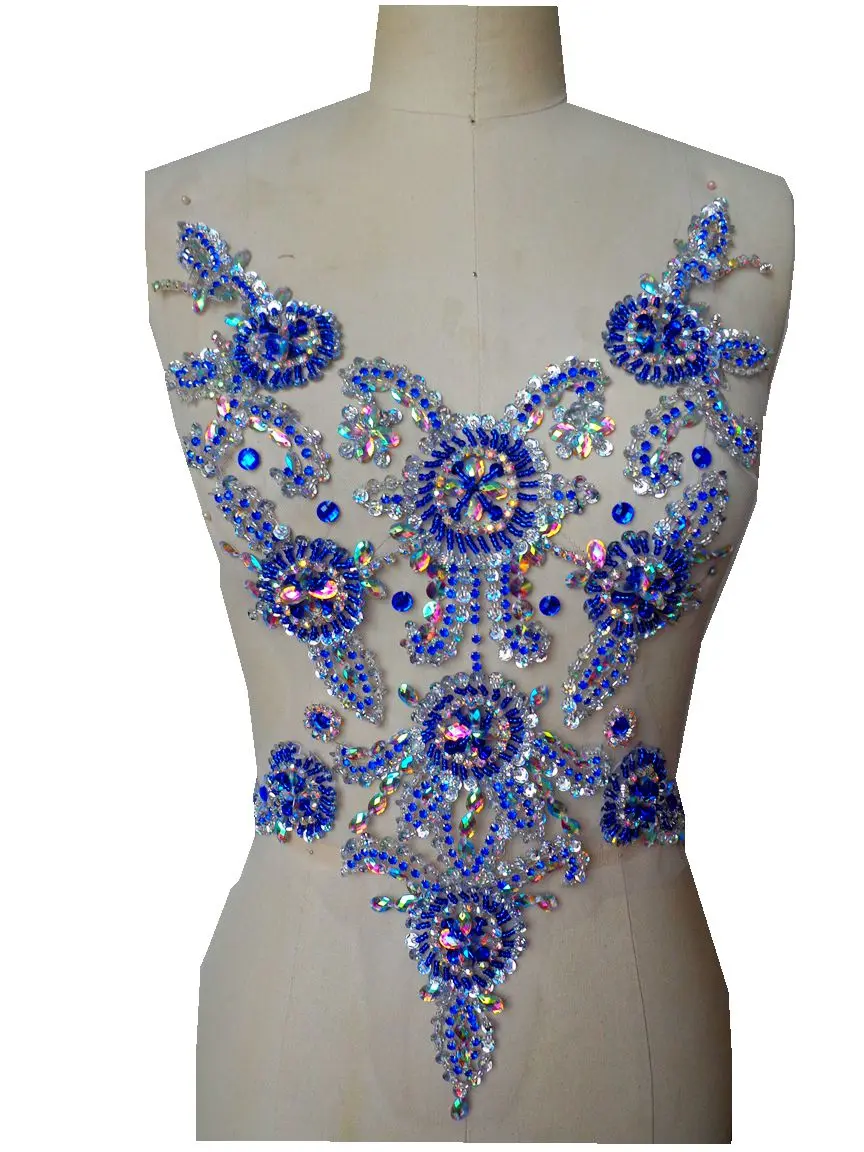 

Handmadesky deep blue/clear AB colour sew on Rhinestones applique on mesh crystal patches with stones sequins beads 45*35cm