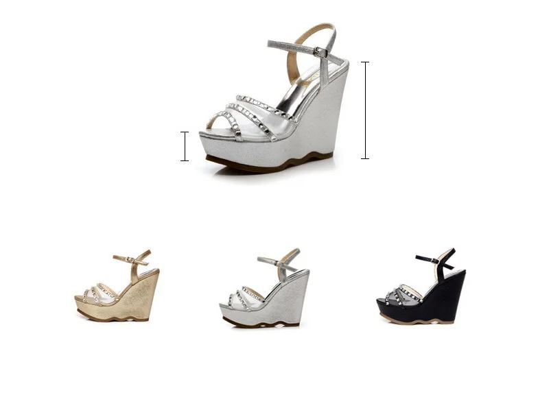 30_2016 Summer Fashion Elegant Footwear Peep Toe Black High Heeled Platform Sandals Silver Diamond Wedges Shoes Women Small Size