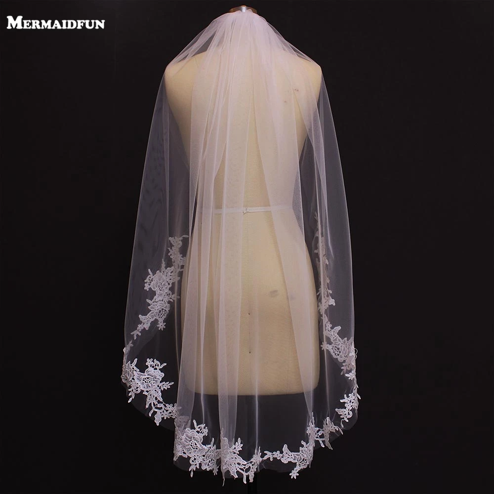 Real Photos One Layer Lace Appliques Short Wedding Veils New White