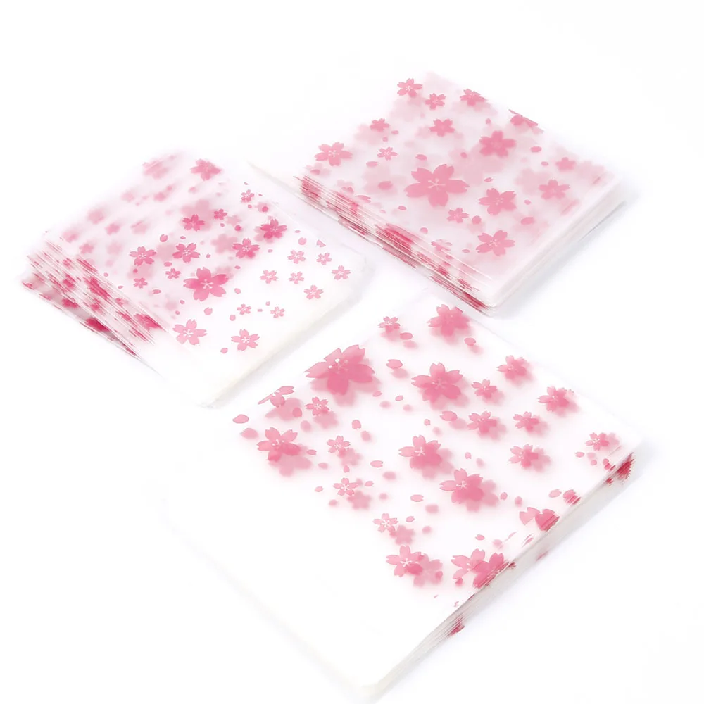 

100PCS/Lot 3Sizes Lovely Pink Cherry Blossoms Cookie&Candy Bag Self-Adhesive Plastic Bags For Biscuits Snack Baking Package