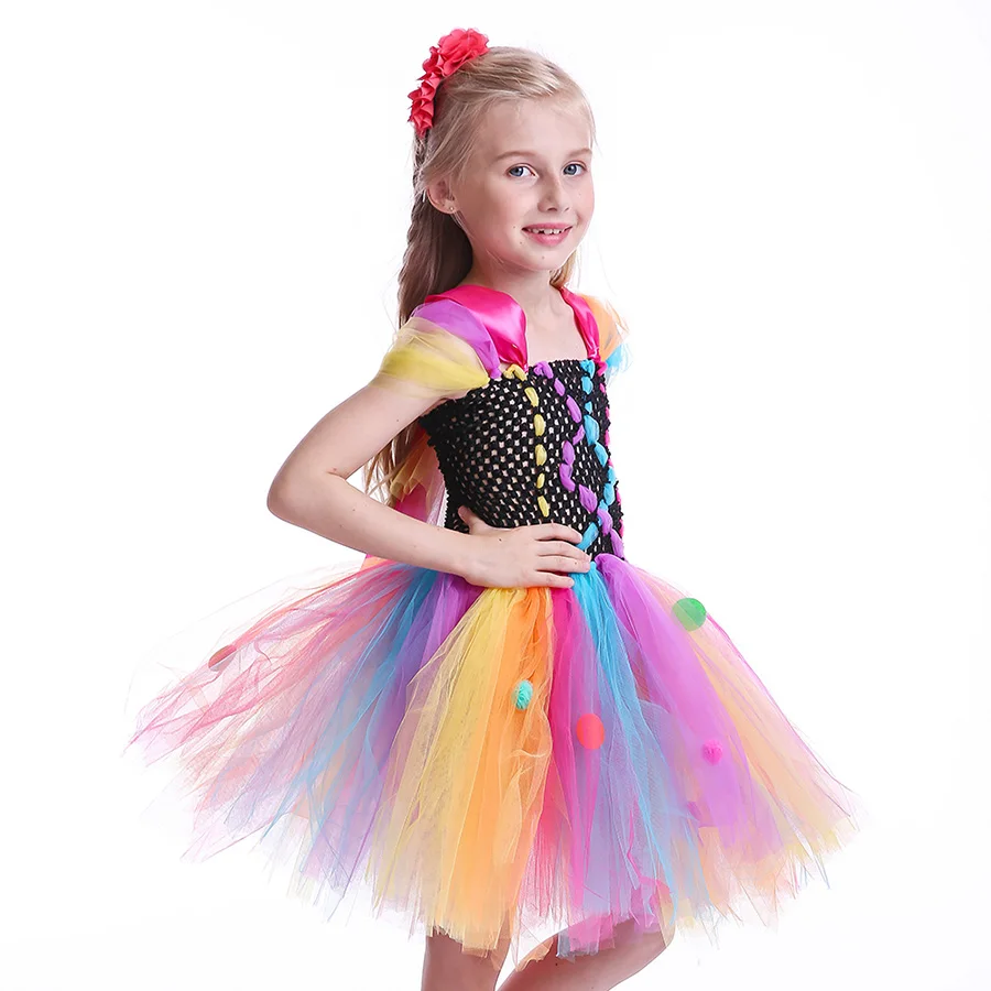 Girls Rainbow Fancy Halloween Tutu Dress Princess Handmade Multi Coloured Tulle Clothing Children Cosplay Clown Pageant Costume (9)