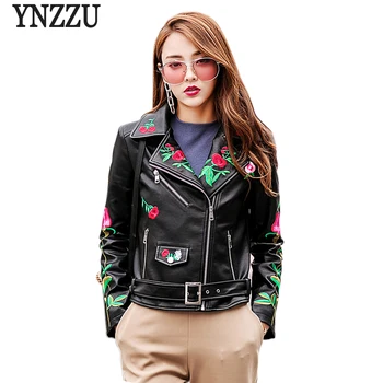 

YNZZU 2018 Spring Autumn Women Faux Leather Jacket Floral Embroidery Motorcycle Cool Outerwear Coat with Belt High Quality YO533