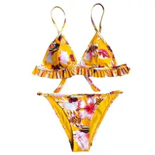 Womens Sexy Two Piece Bikini Set Bohemian Colored Floral Printed Swimsuit V-Neck Ruffled Flounce Trim Triangle Bra Low Waist G-S Womens Sexy Two Piece Bikini Set Bohemian Colored Floral Printed Swimsuit V-Neck Ruffled Flounce Trim Triangle Bra Low Waist G-S