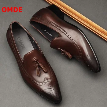 

OMDE Newest Style British Genuine Leather Tassel Men Shoes Brogue Carved Men Loafers Pointed Toe Business Casual Dress Shoes