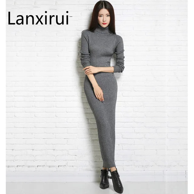 Sweater Dress Knitted Woman Cashmere Sweaters Dresses Warm Winter Long Sleeve Sexy Slim Female Pullovers Turtleneck Maxi Elegant