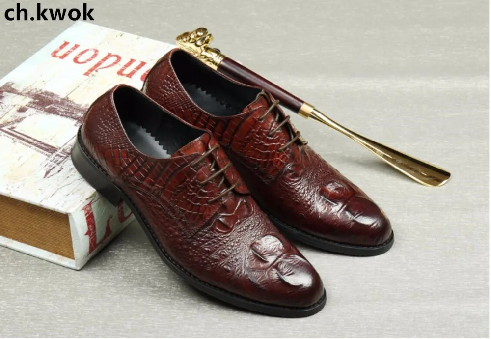 CH.KWOK Crocodile Wine Red Mens Dress Oxfords Genuine Leather Men