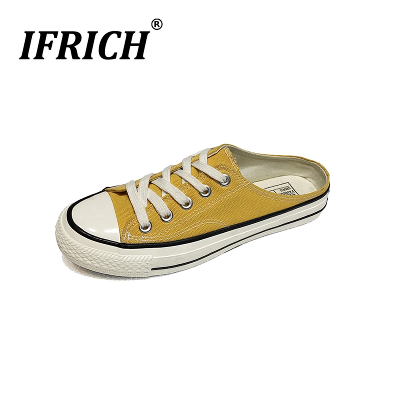 

New Cool 2019 Men Walking Canvas Shoes Half Drag Casual Shoes Boy Yellow White Canvas Flats Shoes Fashion Young Half slippers