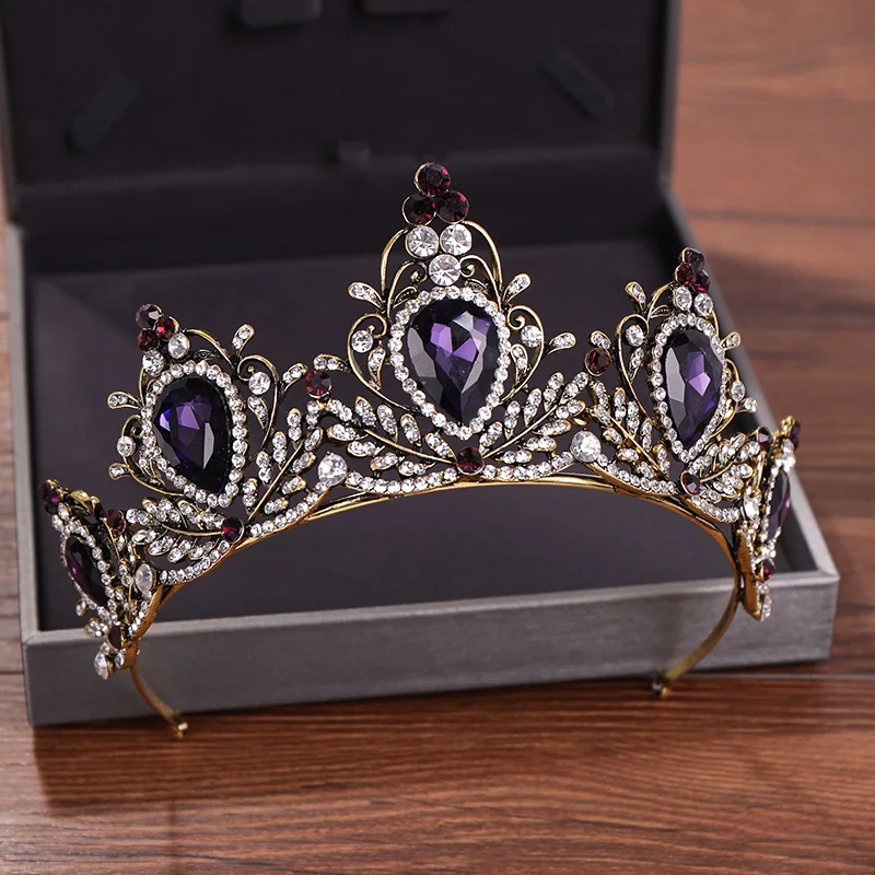 Фиолетовая Хрустальная свадебная тиара, свадебная корона для невесты, винтажная Золотая Корона, стразы, головная повязка, ювелирные аксессуары