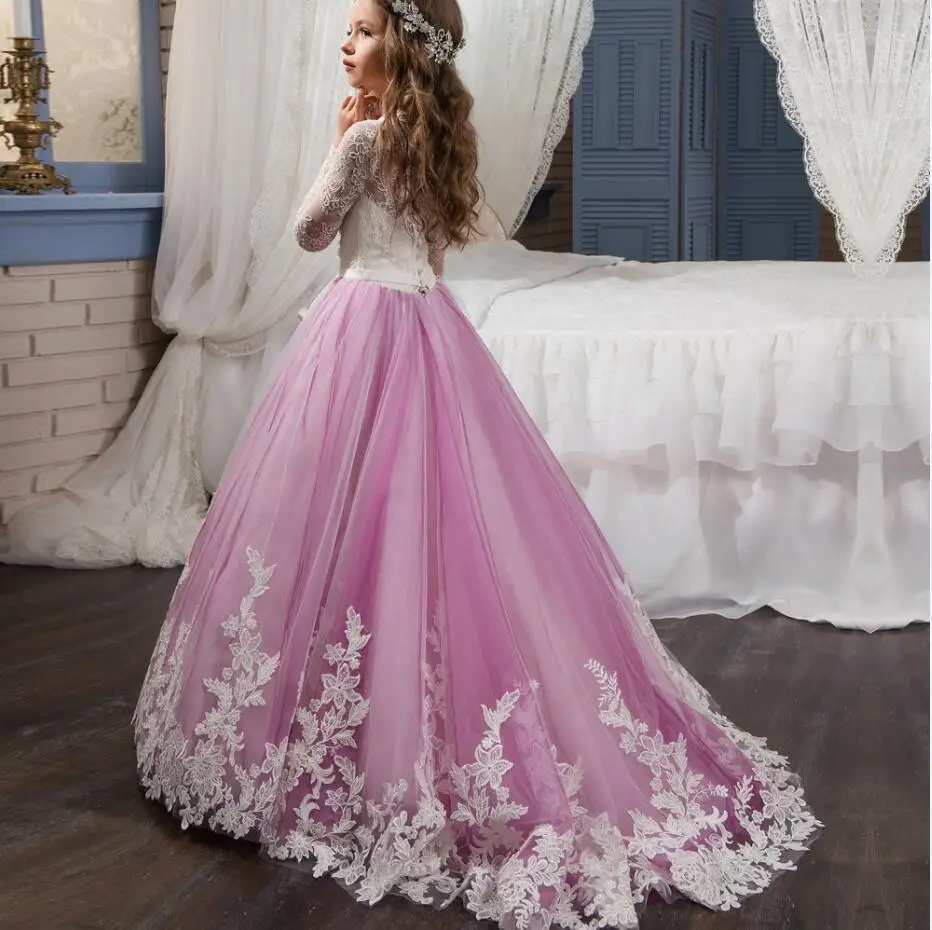 Элегантное кружевное с круглым вырезом одежда с длинным рукавом платье с цветочным узором для девочек для первого причастия purpleWhite цвета