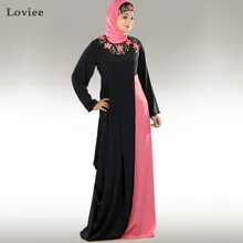 Unique Floral Embroidery Black and Pink Arabic Kaftan with Hijab Long Sleeve Muslim Evening Dresses 2017 Abaya
