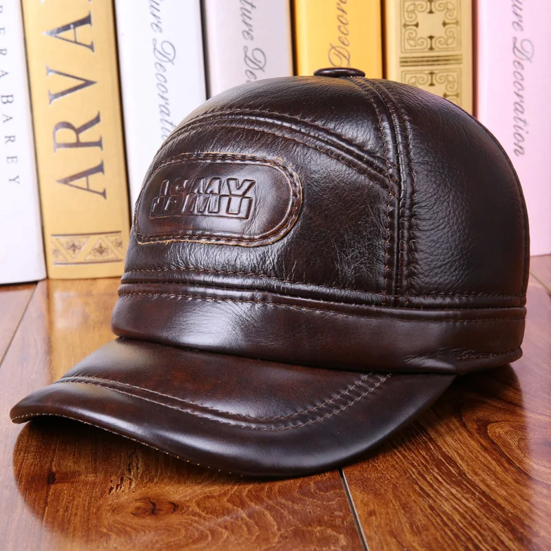 

New Arrival Men's Leather Hat Adult Baseball Cap Genuone Leather Baseball Hat Elderly Outdoor Ear Protection Peaked Cap B-7250