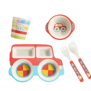 

5 Pcs/Set Baby Feeding Dinnerware Set Bamboo Fiber Children Tableware Baby Cartoon Training Plate Kids Dinner Dishes Bowl Plates